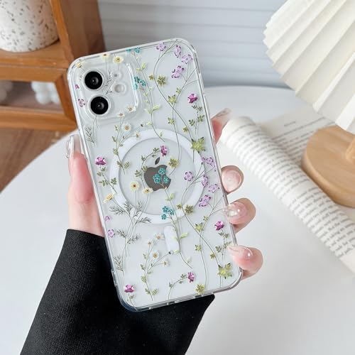 RALEAVO for iPhone 12 Case Compatible with MagSafe Clear Floral Cover with Flower Branch Pattern for Girls Women Slim Cute Hard Back Shockproof Phone Case for iPhone 12,Transparent