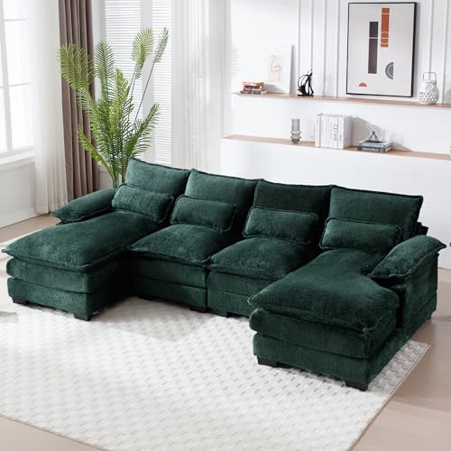 GNIXUU U Shaped Cloud Couch, 110" Chenille Comfy 4 Seat Sectional Couches for Living Room, Modular Sofa Sleeper with Double Chaise & Memory Foam for Apartment(Emerald Green)