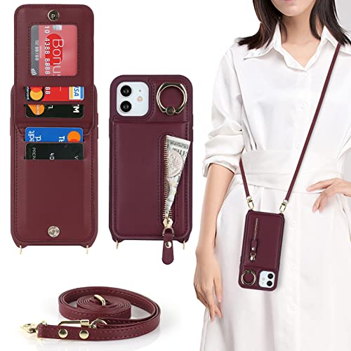 DEYHU for iPhone 12 Case with Card Holder for Women,for iPhone 12 pro case with Strap Credit Card Holders Crossbody with Kickstand Zipper Case for iPhone12/12pro - Red Wine