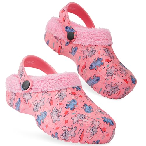 Disney Stitch Girls Clogs - Fleece Lined Clogs - Stitch Gifts (Pink Stitch/Angel, 13/13.5 US)