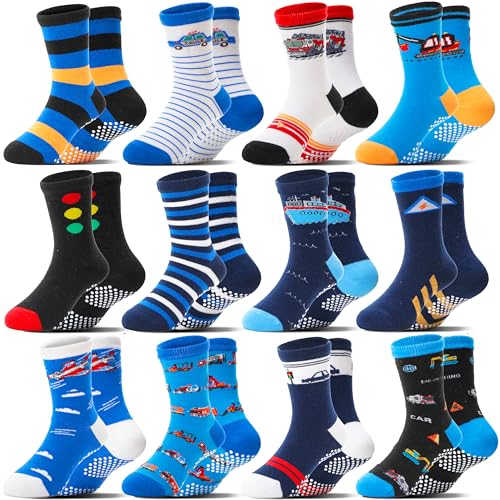 Welwoos Baby Boys Grips Socks Kids Toddlers Infants Non Slip Anti Skid Funny Animal Cartoon Gift Cotton Truck Socks with Grippers 12 Pairs Stocking Stuffers (Cars,5-8 Y)