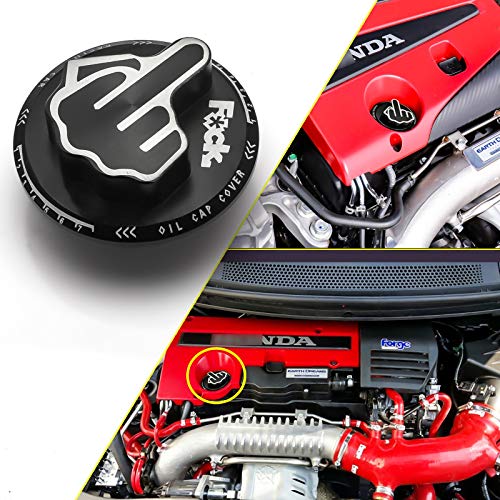 Xotic Tech Engine Oil Filler Tank Fuel Cap Cover, Aluminum Middle Finger Pattern, Compatible with Honda & Acura (Black)