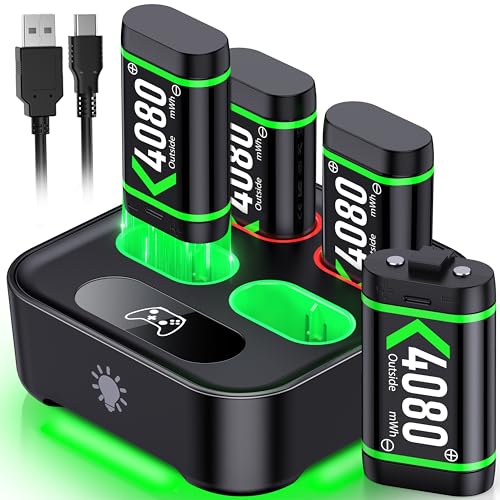 Upgraded Fast Charging Rechargeable Battery Packs for Xbox, 4 x 4080mWh Xbox Controller Batteries with Charger Dock & Light Control for Xbox Series X|S, One S/X/Elite Controllers, Console Accessory