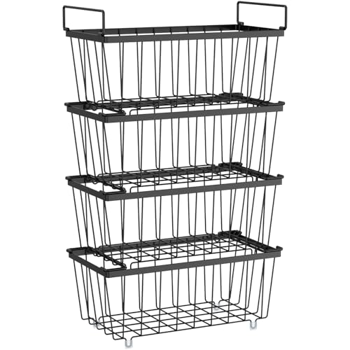 iSPECLE Freezer Organizer Bins - 4 Pack Small Stackable Deep Freezer Organizer Bins for 7 Cu.Ft Freezers Easy Get Bottom Foods without Digging, Chest Freezer Organizer Prevent Frozen Food Waste, Black