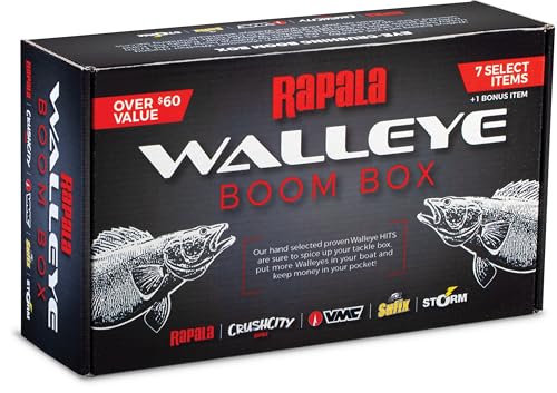 Rapala Walleye Boom Box, Walleye Lure Selection Includes 7 Hand-Picked baits Plus 1 Bonus Item, Featuring Trusted Brands Like Rapala, VMC, Crush City, Sufix, and Storm