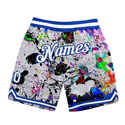 Custom Graphic Basketball Shorts for Men Boys Royal Blue White Knit Rib Team Stitched Name and Number Embroidered Men’s Graffiti Mesh with Pockets Quick Dry,S-3XL, 10 Years