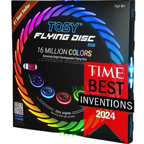TOSY Flying Disc - 16 Million Colors RGB, Extremely Bright, Smart Modes, 4th of July Camping Essentials for Teens/Kids/Adult/Men/Boys/Girls, Auto Light Up, Patented, Rechargeable, Waterproof, 175g
