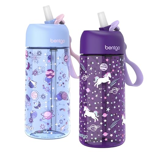 Bentgo Kids Water Bottle 2-Pack - Leak-Proof, Durable Tritan, BPA-Free 15 oz. Cup for Kids/Toddlers Ages 3+, Safe Sip Spout, & Dishwasher Safe for School/Sports/Daycare/Camp (Unicorn/Lavender Galaxy)
