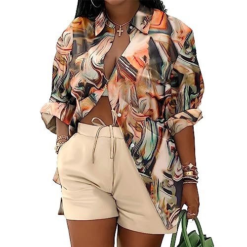 Mandonce 2 Piece Outfits for Women Long Sleeve Printed Shirt and Elastic Lace-Up Shorts with Pockets Beach Vacation Clothes