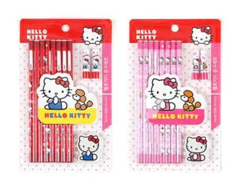 Bandal & Neoul KITTY's 8 Graphite Pencils & Eraser and 2 Pencil Caps Set - Randomly Selected from Red or Pink - Officially Licensed