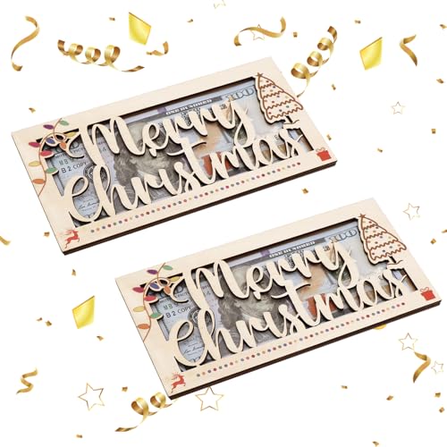 2 PCS Christmas Unique Money Holder Xmas Cash Holder, Fun Ways to Give Money as a Gift, Wooden Cash Envelope Money Wallet Christmas Money Gift DIY Money Clip Christmas Party Gift