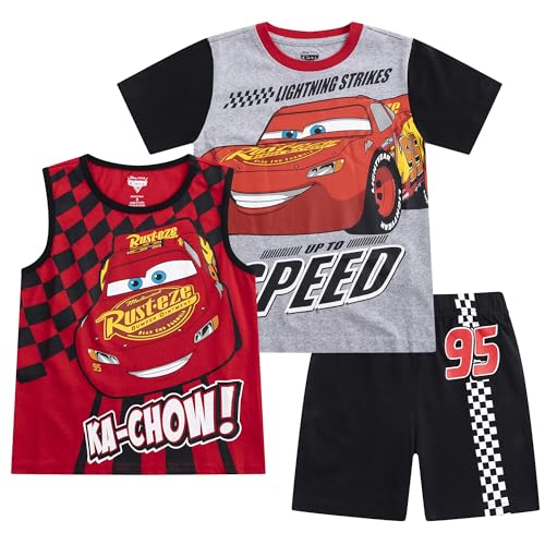 Disney Cars Lightning McQueen Boys Short Sleeve T-Shirt, Tank Top and Shorts 3 Piece Set for Toddlers to Big Kids