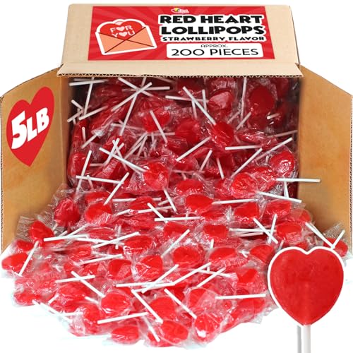 Red Heart Lollipops - 5 Pounds Bulk - Approx 200 ct - Heart Candy Strawberry Flavored