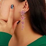 Kercisbeauty Pink Crystal Stars Pendant Long Earrings Statement Jewelry for Women Fashion Party (Pink)