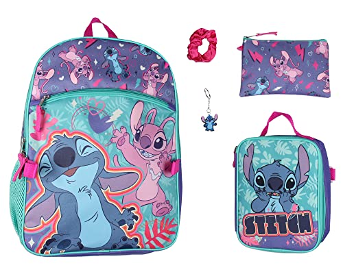 Disney Lilo and Stitch Angel 5 Pc Set Backpack Lunch Box Key Chain Pencil Case Scrunchie