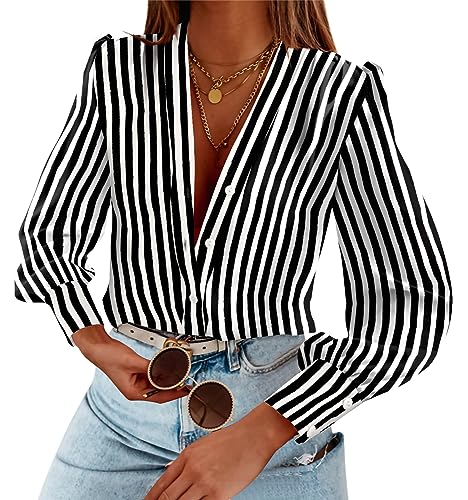 Flowyair Women's Casual Striped Shirts Puff Long Sleeve V Neck Silk Button Down Top Blouses Y-Black