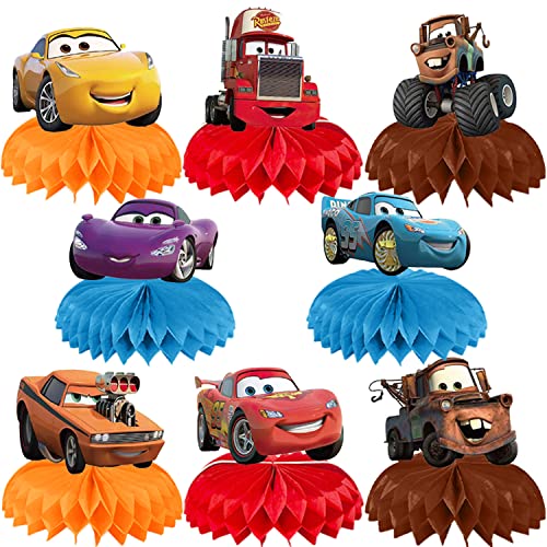 SAIAODI 8Pcs The Lightning Cars McQueen Birthday Party Decorations, The Lightning Cars McQueen Party Honeycomb Table Centerpiece McQueen Party Themed Birthday Party Table Decorations for Kids Adults
