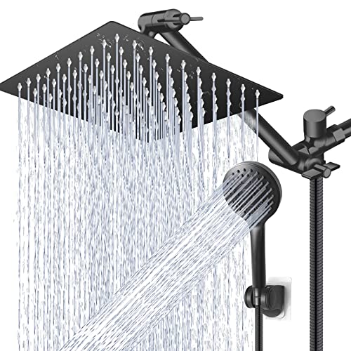 High/Low Pressure Water Rain Shower Head with 11 Inch Adjustable Extension Arm and 5 Settings Handheld Shower Head Combo,Powerful Shower Spray - Matte Black, 12 Inch