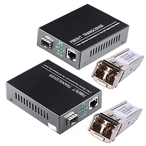 A Pair of 1.25G/s Bidi Gigabit Multi-Mode Fiber Ethernet Media Converter with 2PCS Bidi SFP LC Dual Transceiver Module Included, 10/100/1000Base-Tx to 1000Base-SX SMF RJ45 to SFP Slot up to 550M