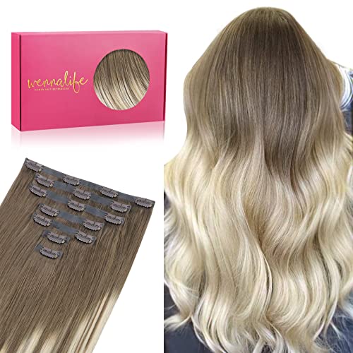 WENNALIFE Seamless Clip In Hair Extensions Human Hair, 24 Inch 160g 7pcs Ombre Sandy Brown to Platinum Blonde Real Hair Extensions Clip in Human Hair Invisible PU Skin Weft Natural Remy Human Hair Ext