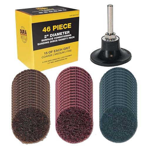 Dura-Gold 46-Piece 2" Diameter Surface Conditioning Sanding Discs Variety Pack - 15 Each Coarse, Medium, Fine Grit Quick Change Roll Lock, 1/4" Backing Pad - Removes Rust Oxidation and Paint Removal