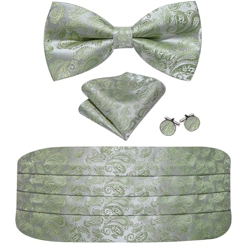YOHOWA Sage Green Cummerbund Bow Tie for Men Paisley Silk Pre-Tied Bowtie Pocket Square Cufflinks Set Formal Tuxedo Wedding Party Prom