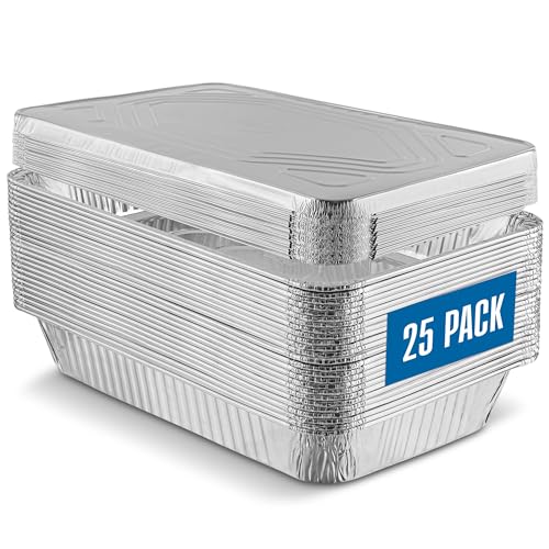 PLASTICPRO 25 Pack Aluminum Pans 13'' X 21" Disposable Pans with Covers Heavy Duty 20 lb Foil Pans for Baking and Cooking