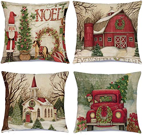 Hlonon Christmas Decorations Christmas Pillow Covers 18 x 18 Inches Set of 4 - Xmas Series Cushion Pillow Cover Custom Zippered Square Pillowcase