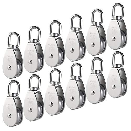 12Pcs Single Pulley Block (M15), AUHOKY 304 Stainless Steel Hanging Wire Towing Wheel, Swivel Lifting Wire Rope Cable Pulley Roller, Max-Load 35kg/77lbs