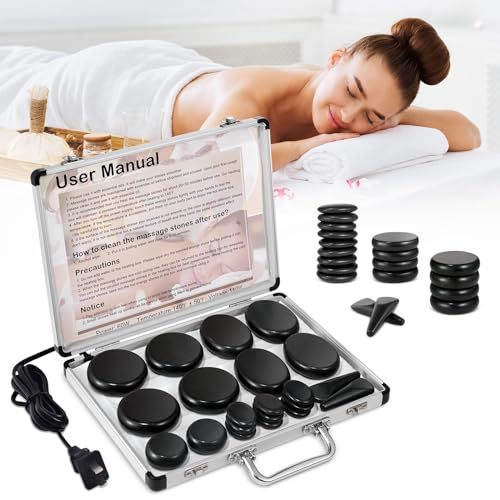 Primachen Hot Stones Massage Warmer Kit, 21 Pcs Hot Stones Massage Set, Hot Rocks Basalt Massage Stones for Home Spa Warming Therapy Relaxing