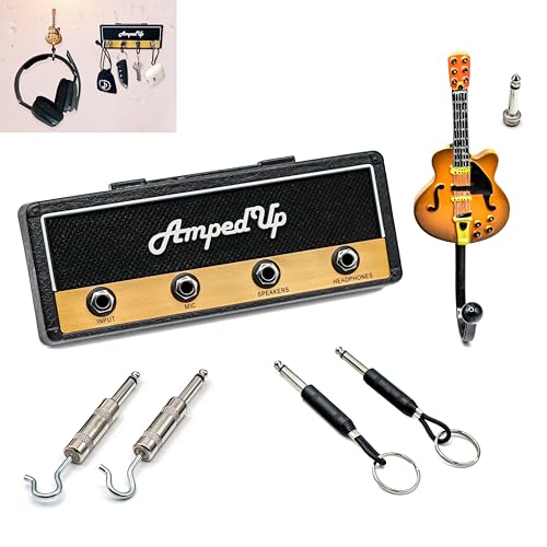 Pick-a-Palooza: Wall Mounted Guitar Amplifier Style Key Hanger and Key Chain Holder, Speaker Style with Acoustic Guitar Coat Hook and 4 Amp Plugs Gift for Musicians