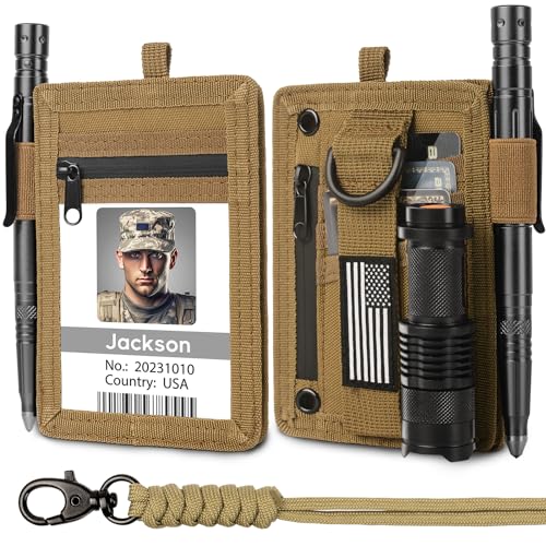TALONITE RFID 900D Nylon Tactical ID Badge Holder with Waterproof Zipper Pocket, EDC Pouch Organizer for Men, Credit Card Organizer Neck Lanyard Key Ring Wallet (Coyote Brown)