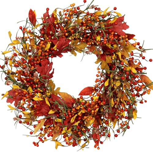 Quixem Full and Lush Fall/Autumn Door Wreath 20 inch, Handcrafted Fall Decor with Vibrant Leaves and Berries, Durable and Realistic, Perfect for Front Doors and Walls Indoor Outdoor