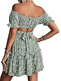 LYANER Women's 2 Piece Outfits Floral Off Shoulder Tie Up Crop Top and Mini Skirt Set Green Medium