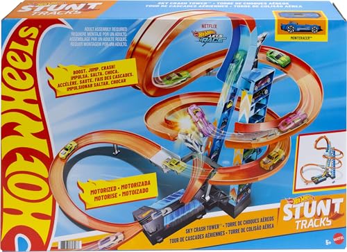 Hot Wheels Sky Crash Tower Track Set, 2 1/2+ ft / 83 cm High with Motorized Booster, Orange Track & 1 Hot Wheels Vehicle, Race Multiple Cars, Toy for Kids 5 to 10 Years Old & Up