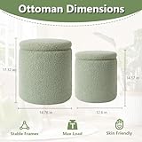 Royal Windsor Boucle Round Ottoman with Storage Set of 2,Small Foot Stool Ottoman for Living Room, Ottoman Coffee Table,Vanity Stool with Storage for Bedroom, Green