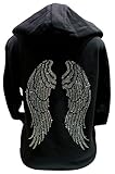 Black and Silver Rhinestone Angel Wings Long Sleeve Hooded Zipper Sweater Black (XL)