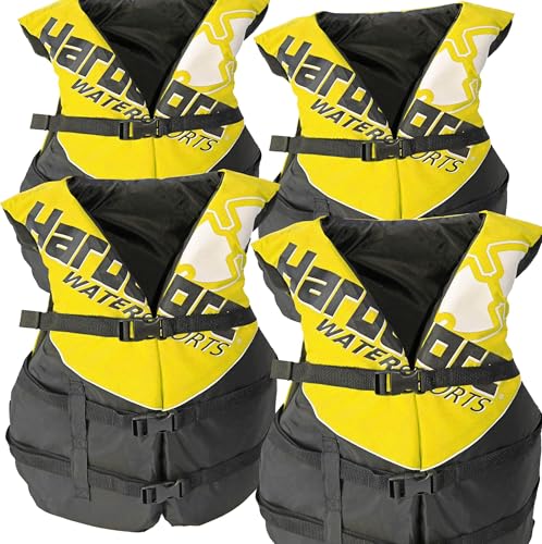 4 Pack Hardcore Coast Guard Type III PFD for Adults; Life Jacket Paddle Vest for Adults; Life Vest Flotation Device; Jet ski, Wakeboard, Kayak; Extra Life Jacket for Pontoon Boat Yellow