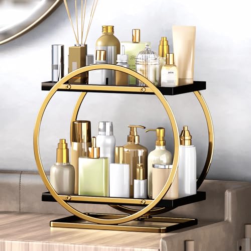 YIWANFW Makeup Organizer for Vanity, Black Gold Perfume Organizer for Dresser, 2 Tier Bathroom Countertop Organizer, Skin Care Organizers Bathroom Counter Shelf Perfume Holder Cosmetic Display Tray