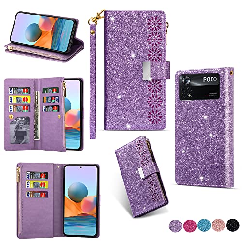 Shining Starry Sky Case for Xiaomi Poco X4 Pro 5G Magnetic Zipper Wallet Leather Case Cash Pocket with 6-8 Card Slots Holder Wrist Strap Cover for Xiaomi Poco X4 Pro 5G