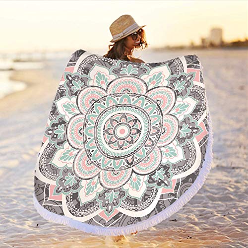 Mandala Round Boho Beach Towel Blanket, Oversized Microfiber Hippie Bohemian Absorbent Fast Dry Sand Free Circle Swim Pool Yoga Towel Table Cloth, Soft 59 inch Mediation Mat Wall Decor with Tassels