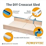 POWERTEC Table Saw Sled w/Blade Guard, 24" T Track, 19" HDPE Miter Bars, 3" T Track Stop Block, Bolt, Screw, Miter Slot Runners for DIY Table Saw Crosscut Sled, Woodworking Tools Accessories (71703)