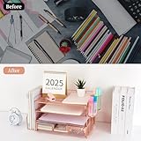 gianotter Paper Letter Tray Organizer with File Holder, 4-Tier Desk Accessories & Workspace Desk Organizers with Drawer and 2 Pen Holder for Office Supplies (Rose Gold)