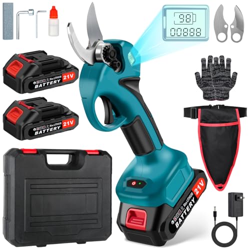Cordless Electric Pruning Shears,Branch Cutter with LCD Display, Trimming Scissors Battery Power,1.6 Inch Cutting Diameter, SK5 Blade Tree Trimmer, 2 Rechargeable 2000mAh Lithium Batteries set
