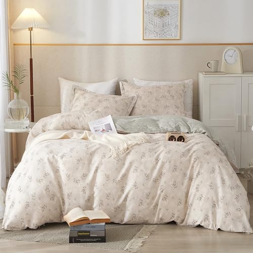 HighBuy Boho Floral Duvet Cover Queen Cotton Aesthetic Bedding Set Coquette Comforter Cover Set Reversible Green Garden Lightweight Soft Zipper Closure Breathable Queen Bedding Duvet Cover Set