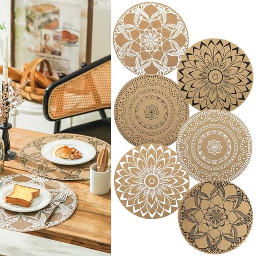 Elistonie Set of 6 Boho Round Placemats - Washable, Heat Resistant, Waterproof, Mandala Jute Dining Mats for Bohemian Table Settings