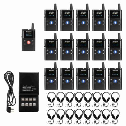 Retekess TT126 Two-Way Factory Tour Guide System for Plant Tours, Training (1 Transmitter 15 Receivers 16 headsets and 1 USB Charger)
