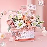 MEIEST Flower Bouquet Building Blocks Model Set,Simulation Artificial Rose Handheld Gift Box,Bonsai Plant Building Bricks Toys,Home Decor (Fantasy Pink)