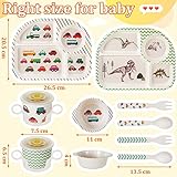 Roshtia 10 Pcs Cartoon Bamboo Kids Dinnerware Set Dinosaur Car Plate and Bowl Set Dishwasher Safe Kids Dish Set Toddler Plates and Utensils Set Car Dinosaur Forks and Spoons for Kids with Cup