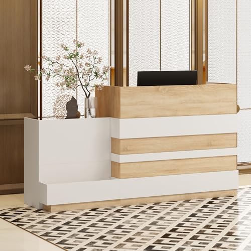 ECACAD Oak & White Reception Desk with Keyboard Tray, Retail Counter with Cabinet, Checkout Counter Table for Office Clinic Retail Lobby Salon